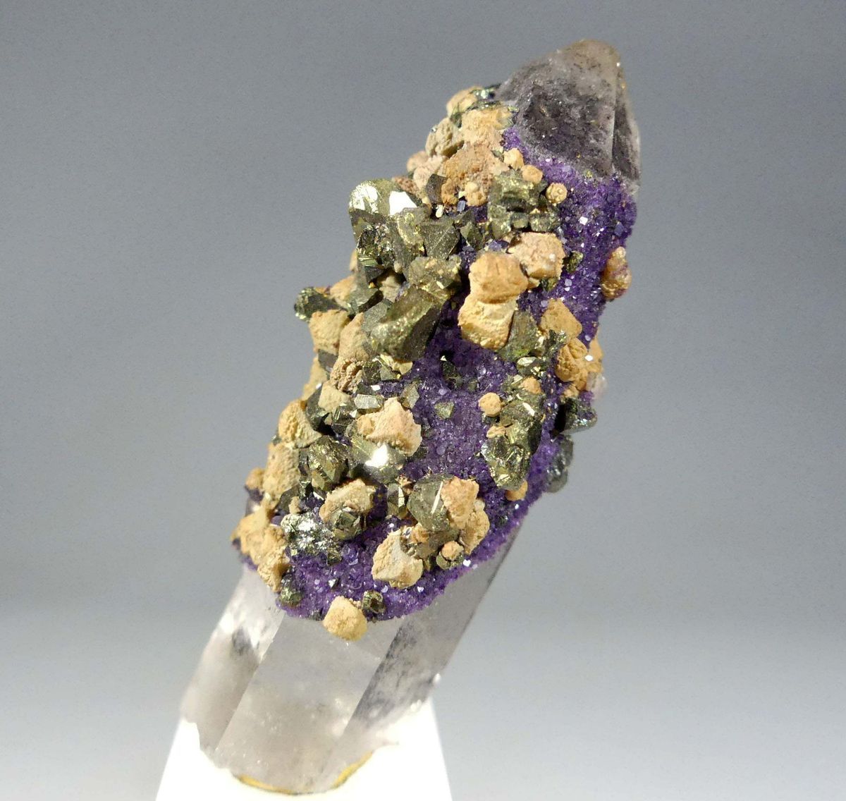 Fluorite Siderite & Chalcopyrite On Rock Crystal