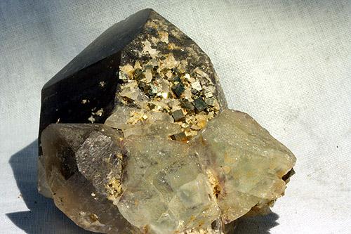 Fluorite On Smoky Quartz With Pyrite