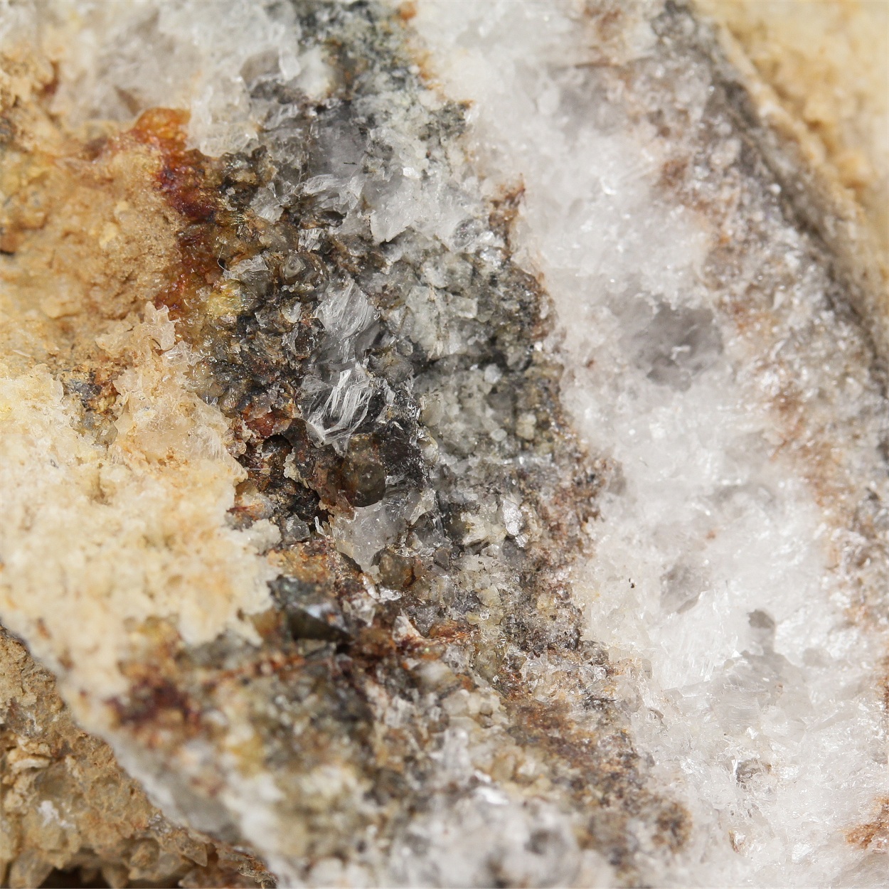 Stibnite With Antimony Ochre Gypsum & Calcite