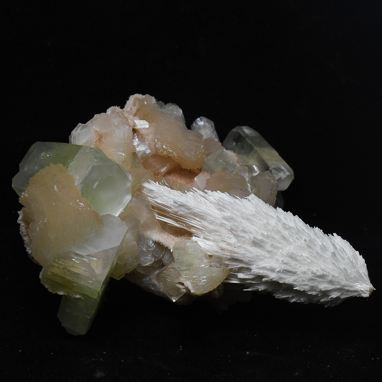 Scolecite With Apophyllite & Stilbite On Chalcedony