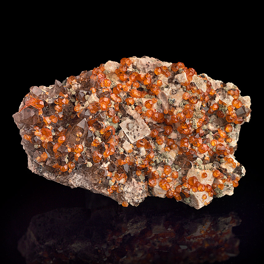 Spessartine & Smoky Quartz On Orthoclase