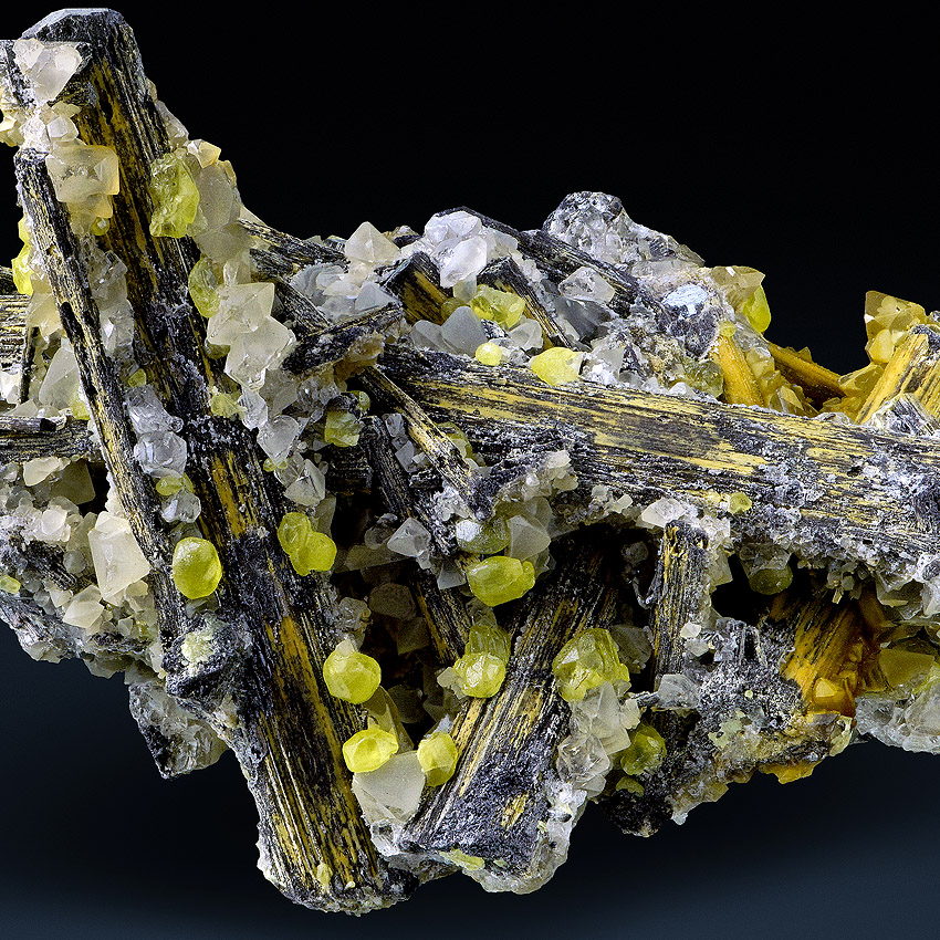 Native Sulphur & Baryte With Cervantite Psm Stibnite