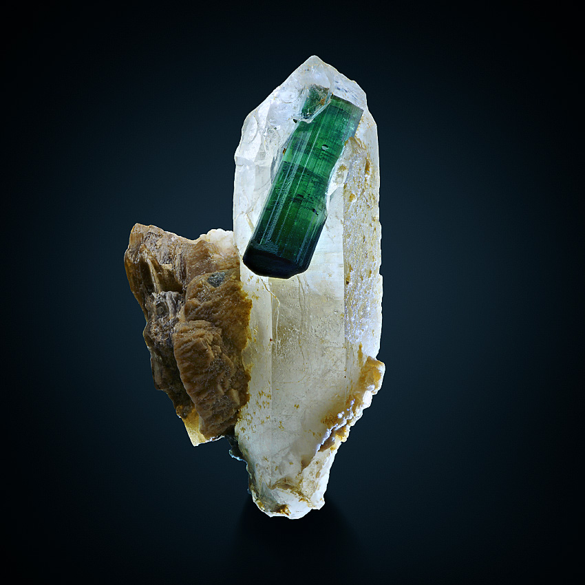 Tourmaline Var Indicolite On Rock Crystal With Lepidolite