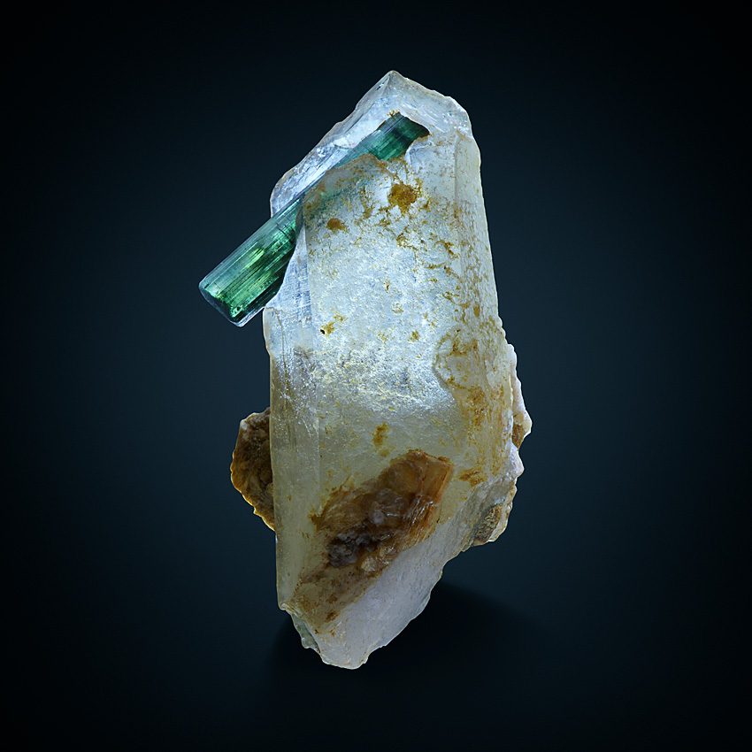 Tourmaline Var Indicolite On Rock Crystal With Lepidolite