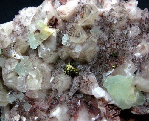 Fluorite & Chalcopyrite On Calcite With Hematite Inclusions