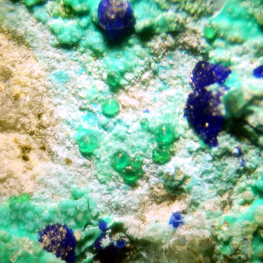 Theisite & Claraite & Cuprian Adamite & Azurite