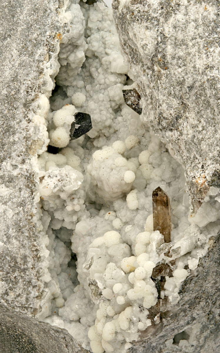 Baryte Strontianite & Smoky Quartz On Calcite