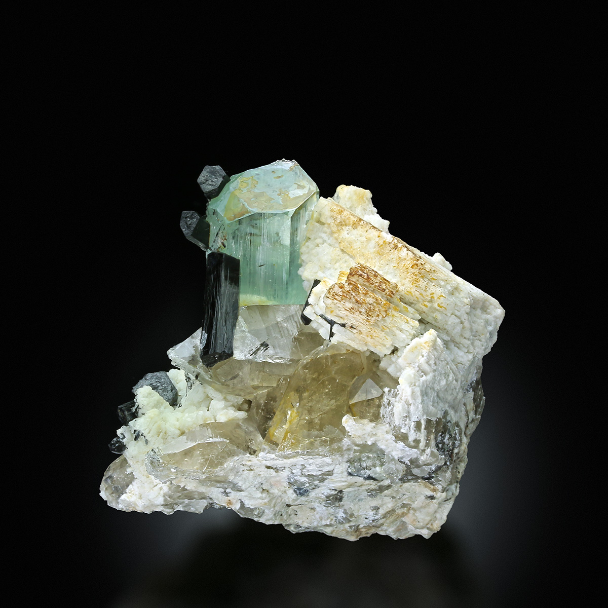 Aquamarine With Schorl On Smoky Quartz