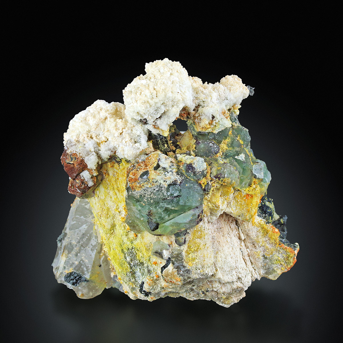 Fluorite With Quartz Schorl & Hyalite On Orthoclase