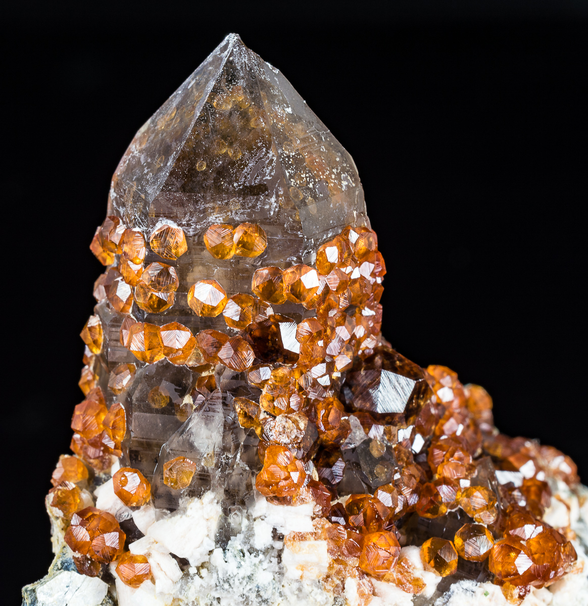 Spessartine & Smoky Quartz On Feldspar