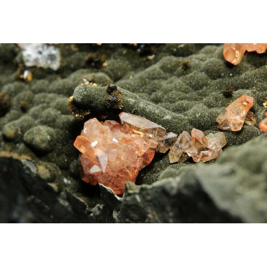 Rhodochrosite With Goethite On Cronstedtite & Siderite