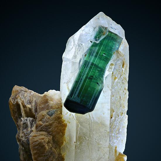 Tourmaline Var Indicolite On Rock Crystal With Lepidolite