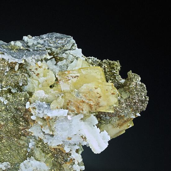 Cerussite On Baryte On Quartz With Chalcopyrite